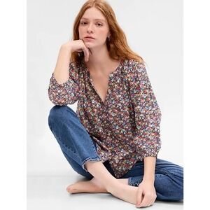 GAP Floral Print Peasant Blouse Size L Balloon Sleeve V Neck Colorful Boho Retro